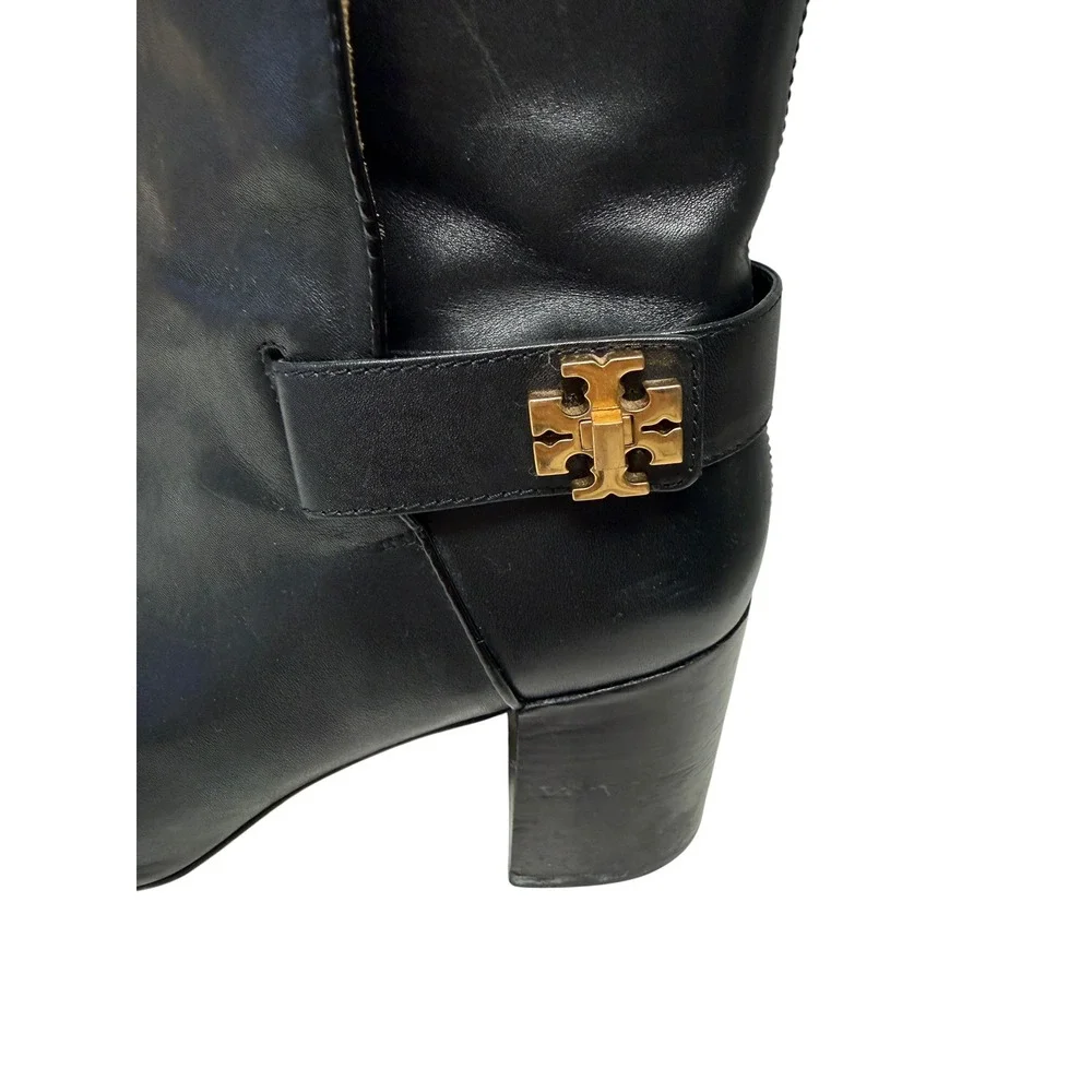 Tory Burch Kira Boots Womens 9M Black Leather Block Heel Gold Minimalist Luxury